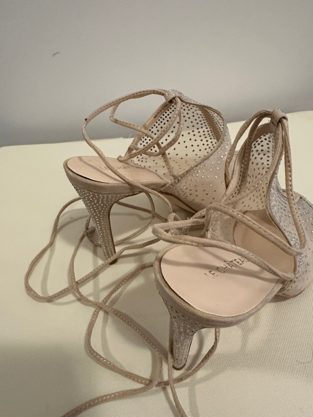 Le Chateau Crystal Beaded Nude Lace-Up Stiletto Sandal - Picture 8 of 11